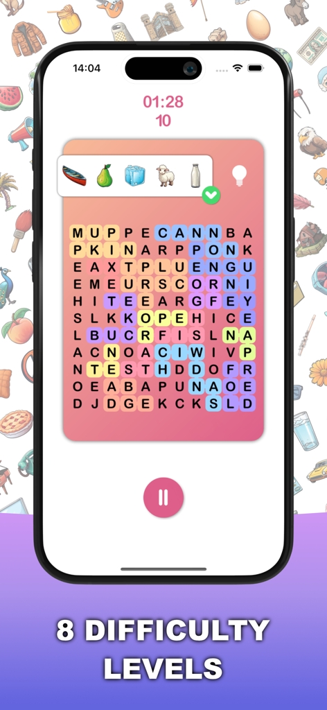 Pics 2 Words - Pantalla de juego de Pics 2 Words destacando ocho niveles de dificultad.