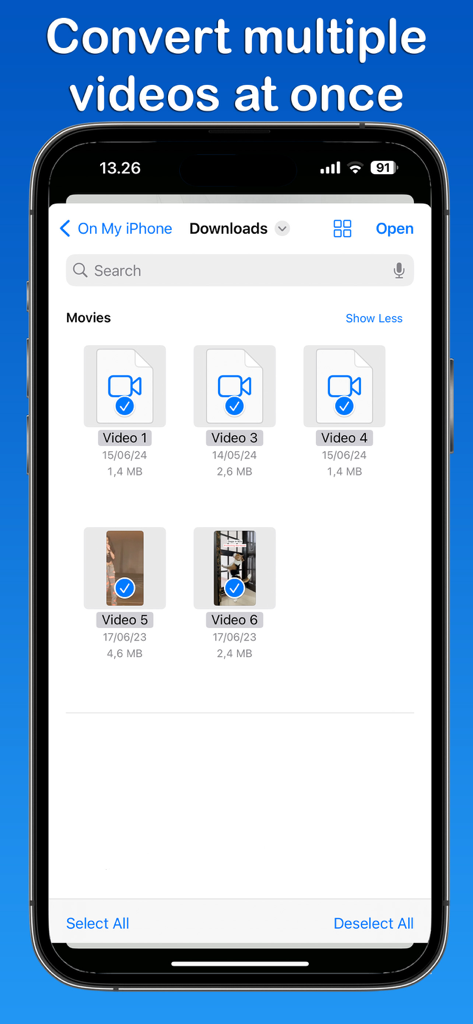 iPhone screen showing multiple video files selected for batch conversion in the AVI to MP4 app