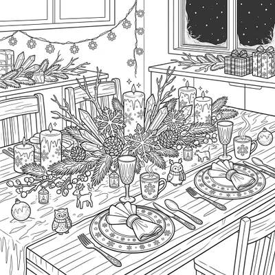 Step into a delightful winter scene with this intricate coloring page featuring a beautifully set dining table. Adorned with festive decorations, from sparkling snowflakes to warm candles, it's perfect for a cozy creative escape.