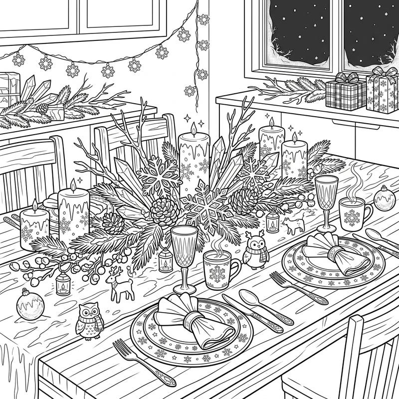 Step into a delightful winter scene with this intricate coloring page featuring a beautifully set dining table. Adorned with festive decorations, from sparkling snowflakes to warm candles, it's perfect for a cozy creative escape.