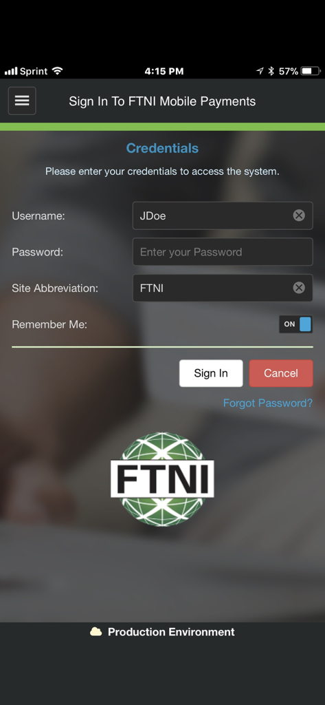 ETran Mobile Payments - Login screen for the FTNI ETran Mobile Payments app showing username and password fields.