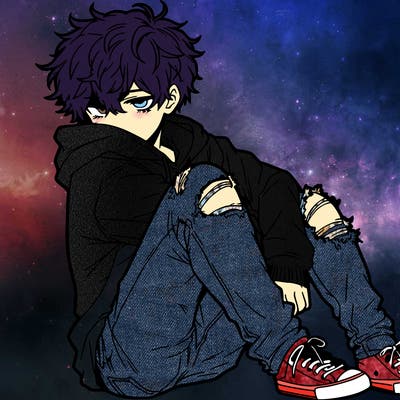a male hoddie ripped jeans messy hair anime