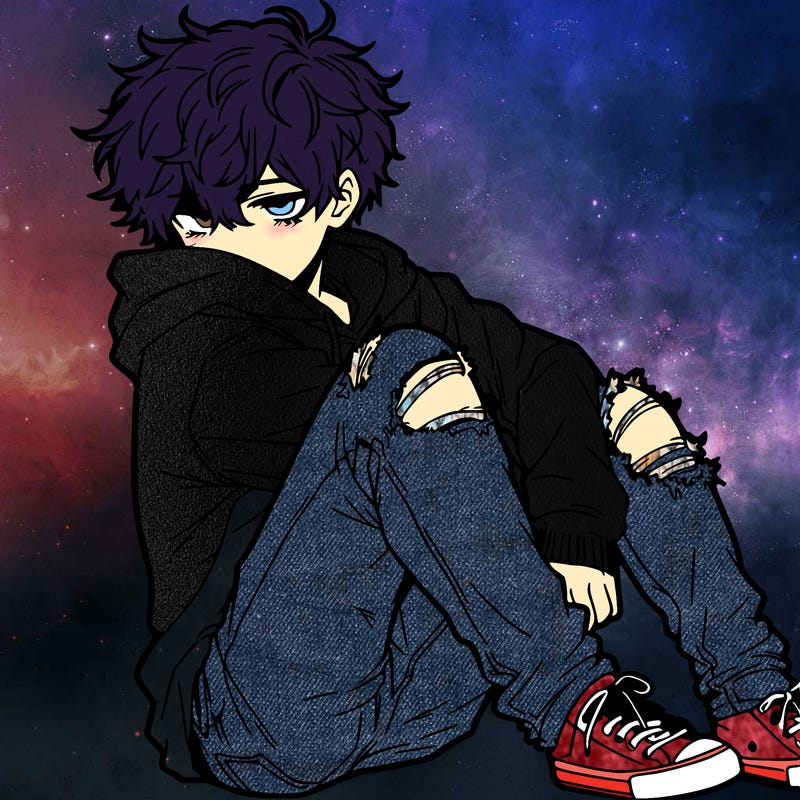 a male hoddie ripped jeans messy hair anime