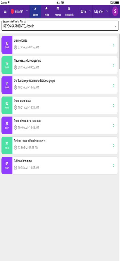 SieWeb - SieWeb app screen displaying a student medical history log with dates and descriptions of symptoms