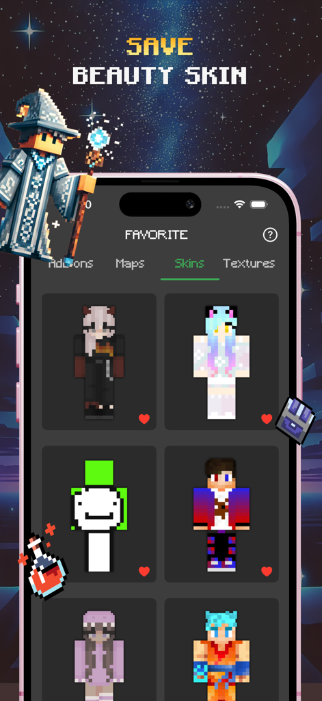 All Mods For Minecraft - Interfaz de una aplicación móvil que muestra una galería de skins de personajes favoritos de Minecraft para una fácil descarga.