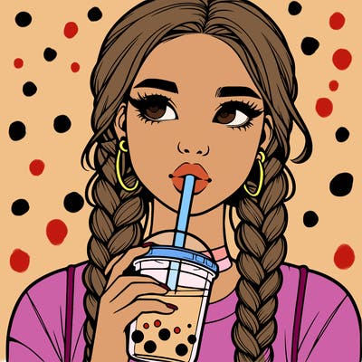 realistic girl with braided hair drinking boba