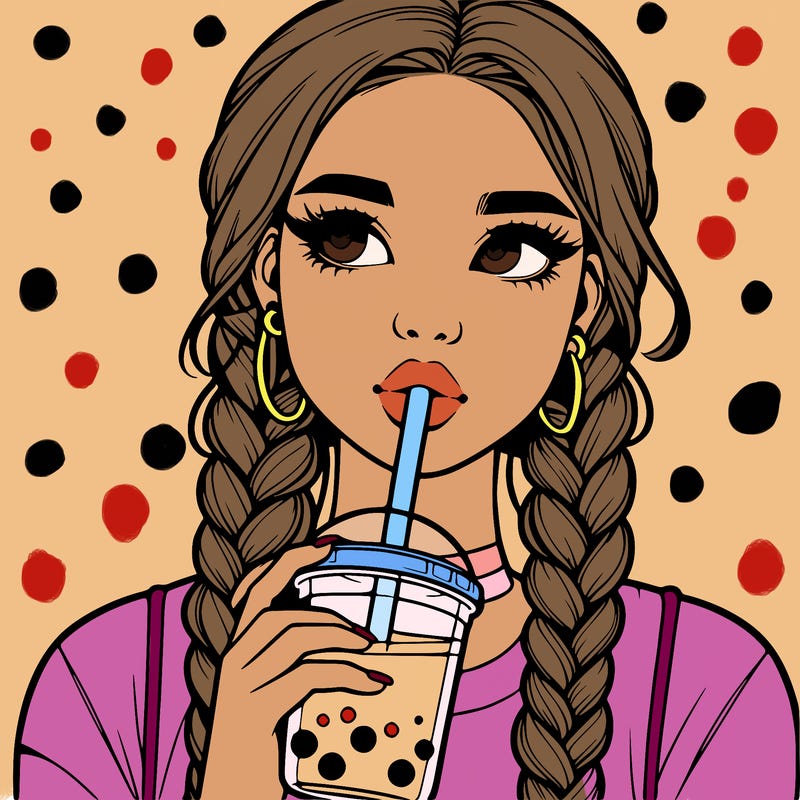 realistic girl with braided hair drinking boba