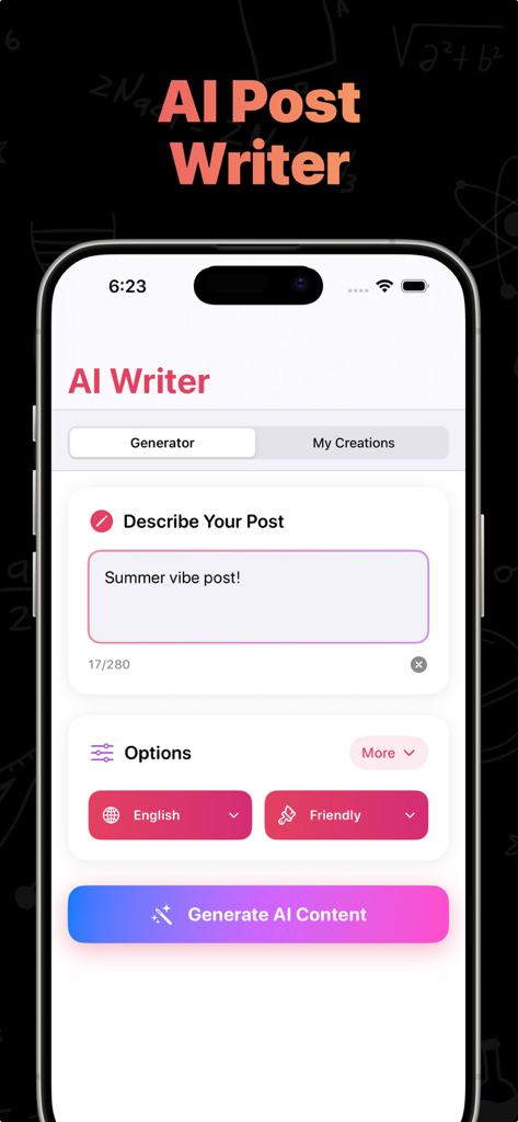 Get Followers & Likes Boost - A mobile interface for an AI social media caption generator showing options for post description and tone selection