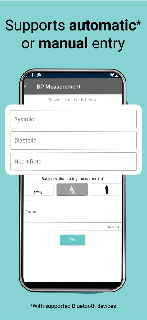 A&D Heart Track - Manual blood pressure and heart rate entry screen in the A and D Heart Track app