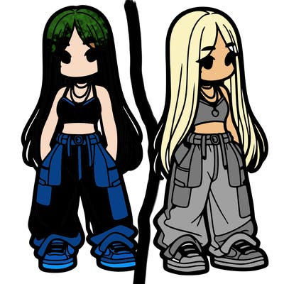 girl in baggy pants crop top and long hair