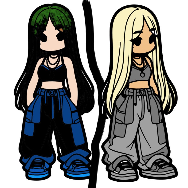 girl in baggy pants crop top and long hair