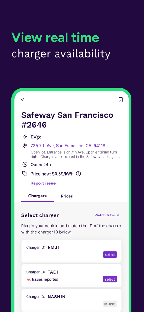 Presto app interface displaying real time EV charger availability and station details