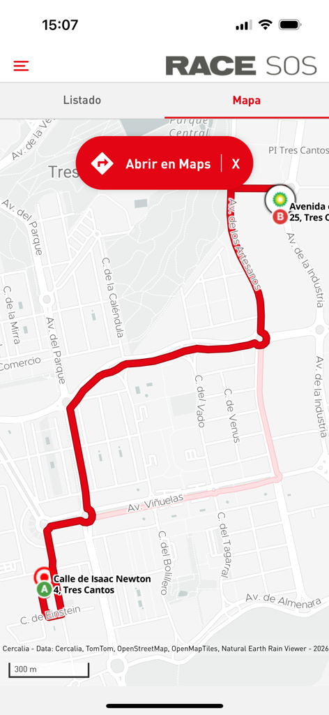 RACE SOS Asistencia - L'application RACE SOS montre un itinéraire de navigation GPS sur une carte, d'une adresse de rue à une station-service BP à Tres Cantos