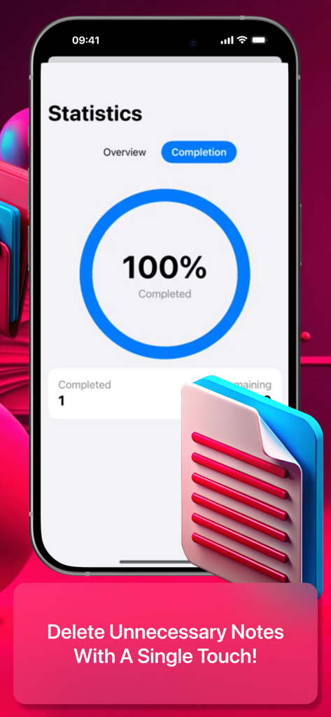 Malpon:QuickNotes - A statistics screen in the Malpon QuickNotes app showing a blue progress circle indicating one hundred percent completion