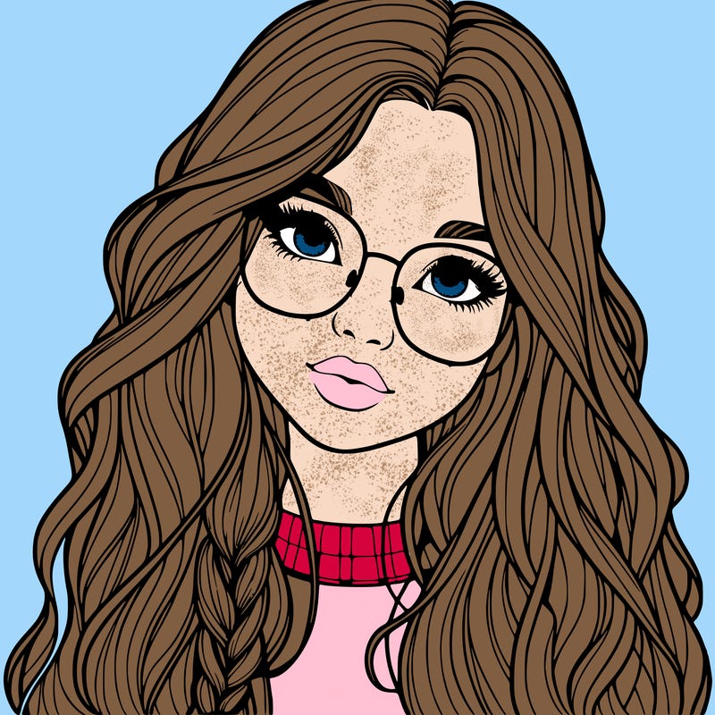 girl with long hair and freckles and glasses realistic