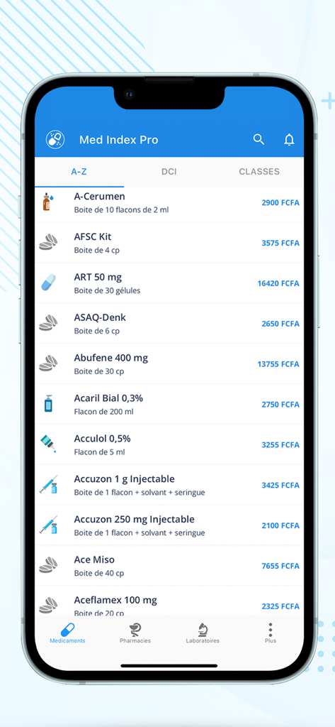 Med Index Pro - Aplicación móvil Med Index Pro mostrando una lista de medicamentos buscables con precios y detalles de empaque
