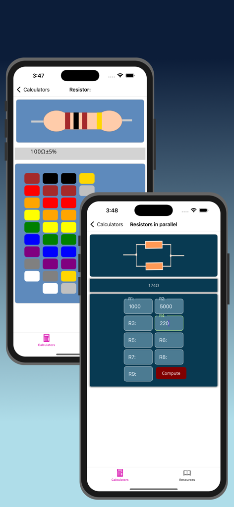 ElectricCalc Pro - Pantallas de la aplicación ElectricCalc Pro que muestran la identificación del código de color de las resistencias y los cálculos de circuitos de resistencias en paralelo