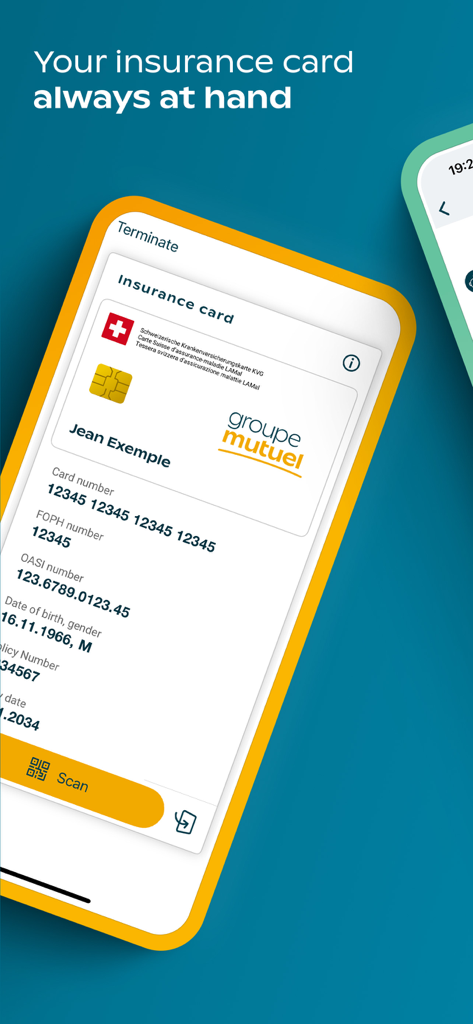 Ein Smartphone-Bildschirm, der eine digitale Versicherungskarte in der Groupe Mutuel App anzeigt.