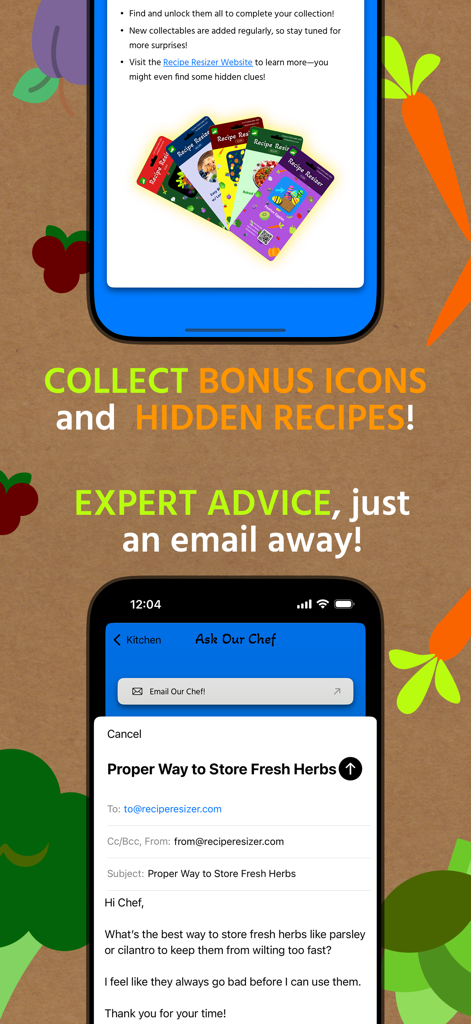 Captura de pantalla de la aplicación Recipe Resizer que presenta íconos de bonificación coleccionables y recetas ocultas junto con una interfaz de consejos por correo electrónico de un chef experto