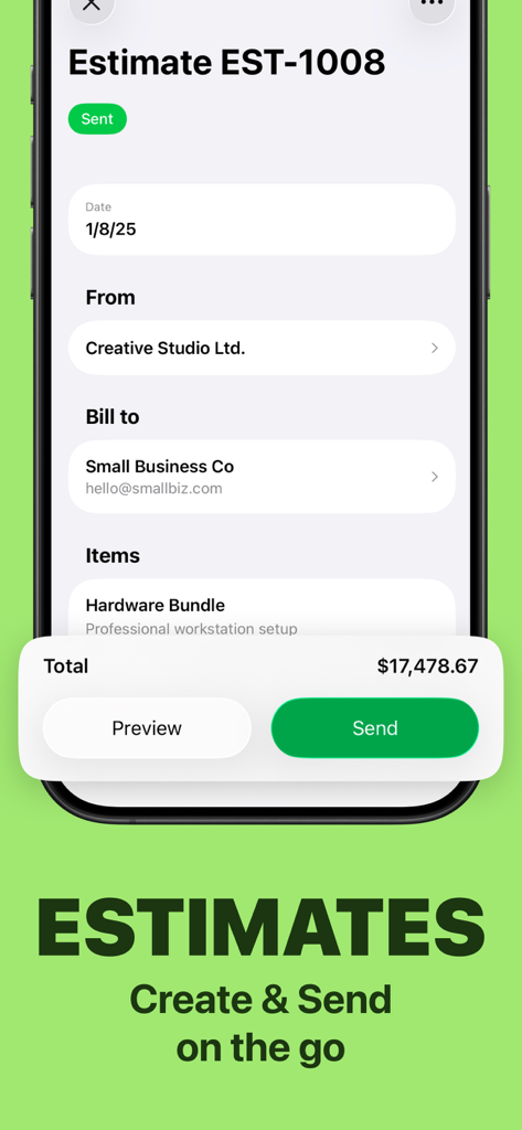 Invoice.app: Receipt Generator - Mobile app interface showing how to create and send professional business estimates.