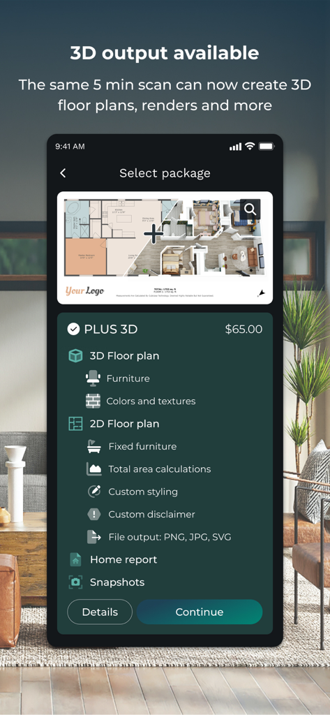 CubiCasa | 2D & 3D Floor Plans - Mobile app screen showing the CubiCasa PLUS 3D package with features for 3D and 2D floor plans and a home report.