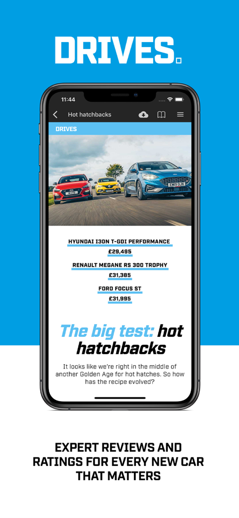 Top Gear Magazine - Aplicativo da Revista Top Gear mostrando um teste comparativo e análises especializadas de hot hatchbacks