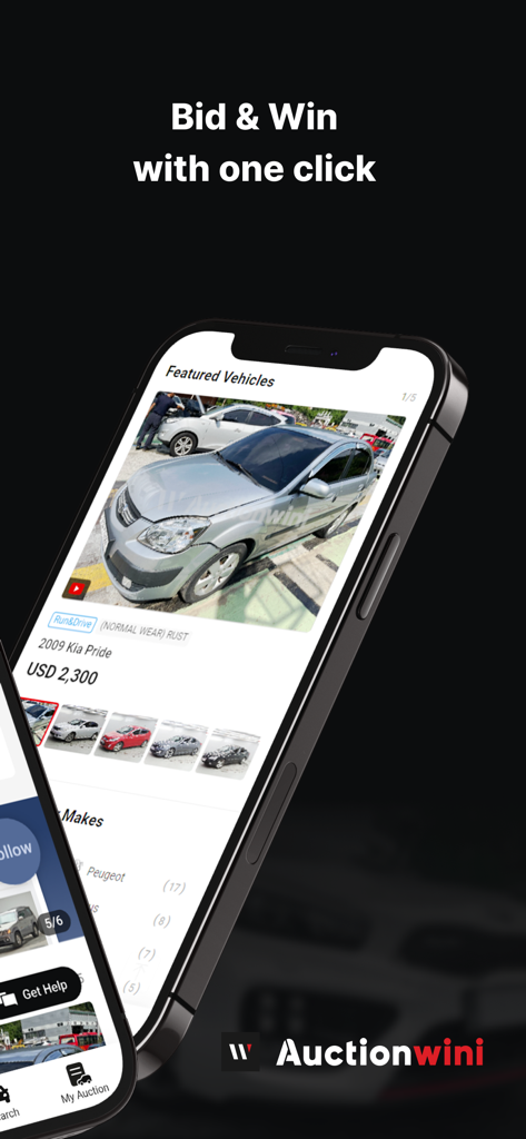 Auctionwini mobile app interface showing featured vehicles for online bidding