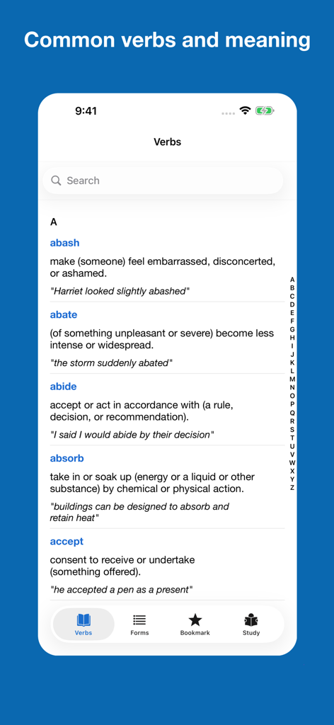 English Verb Conjugation - Tela do aplicativo mostrando uma lista de verbos comuns em inglês com definições e exemplos.