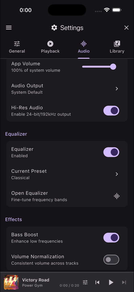QuickPlayer - Music & Video - QuickPlayer audio settings screen showing hi-res audio, equalizer, and bass boost options.