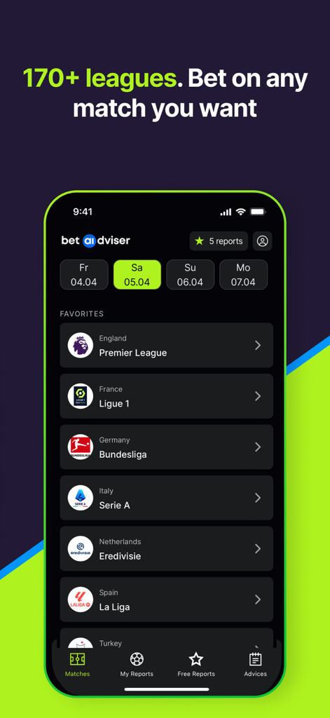 Football Predictions: AIdviser - Football Predictions AIdviser app showing a list of major football leagues including Premier League and La Liga with a header stating 170 plus leagues available.