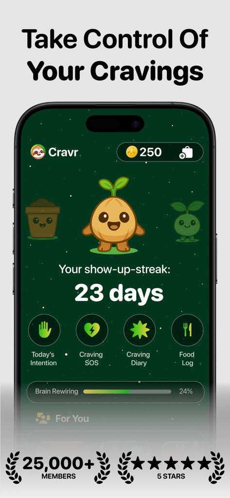 Cravr app dashboard showing a twenty three day streak and brain rewiring progress