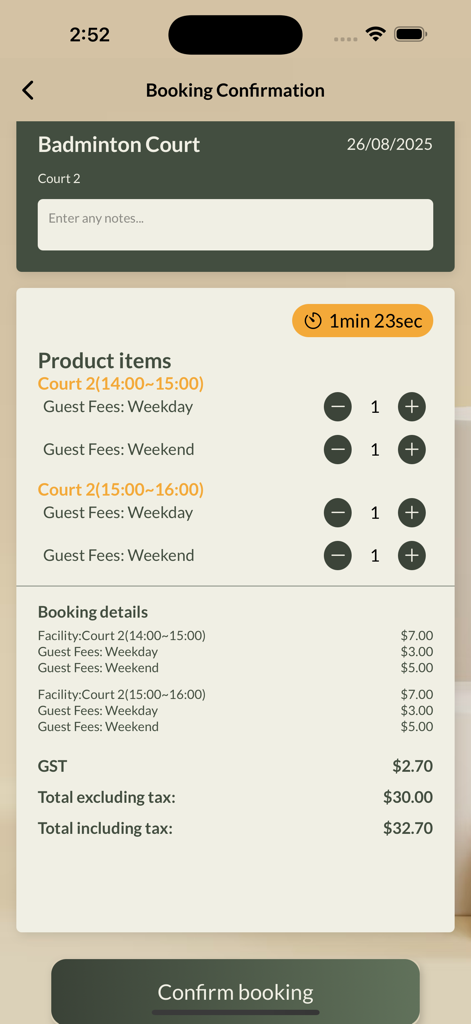 Chinese Swimming Club - Chinese Swimming Club 앱의 배드민턴 코트 예약 확인 화면