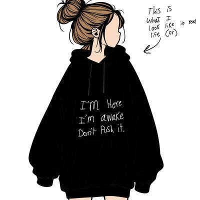 realistic girl with a oversized sweatshirt on and a bun