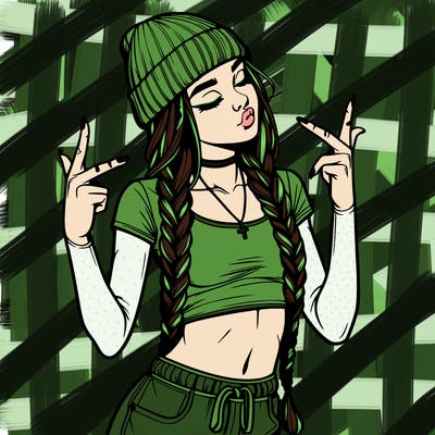 realistic teenage girl with braids and a beanie and crop top doing 🫶🏼