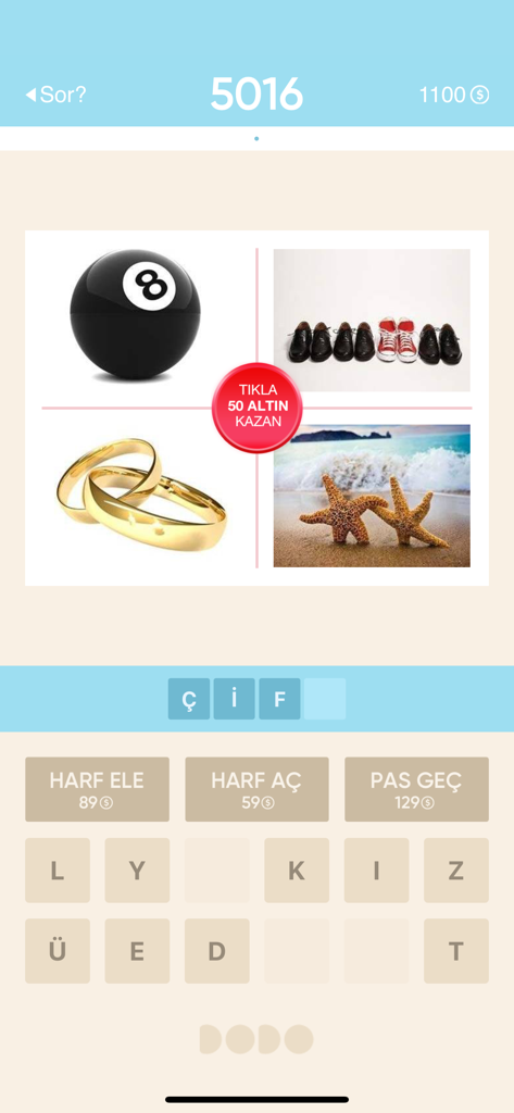 Resimli Kelime Bulmaca - A four pictures one word puzzle game screen in Turkish showing level 5016 with images of an eight ball shoes rings and starfish