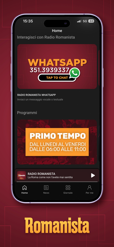 App Romanista - Tela inicial do App Romanista mostrando programas de rádio e detalhes de contato