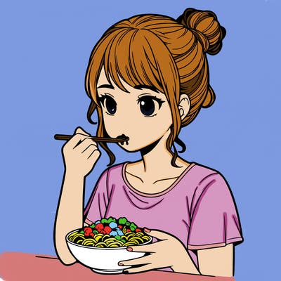 a realistic girl, eating food