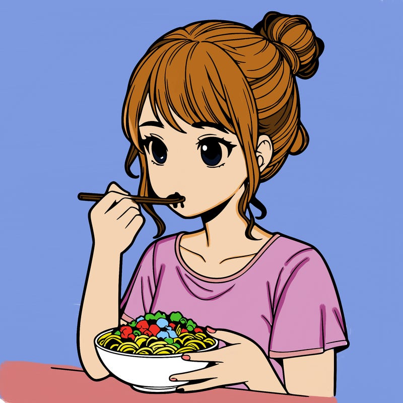 a realistic girl, eating food