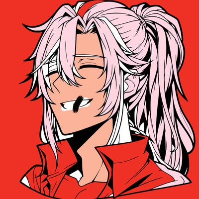 realistic hot anime boy with a grin and long hair in a pony tail