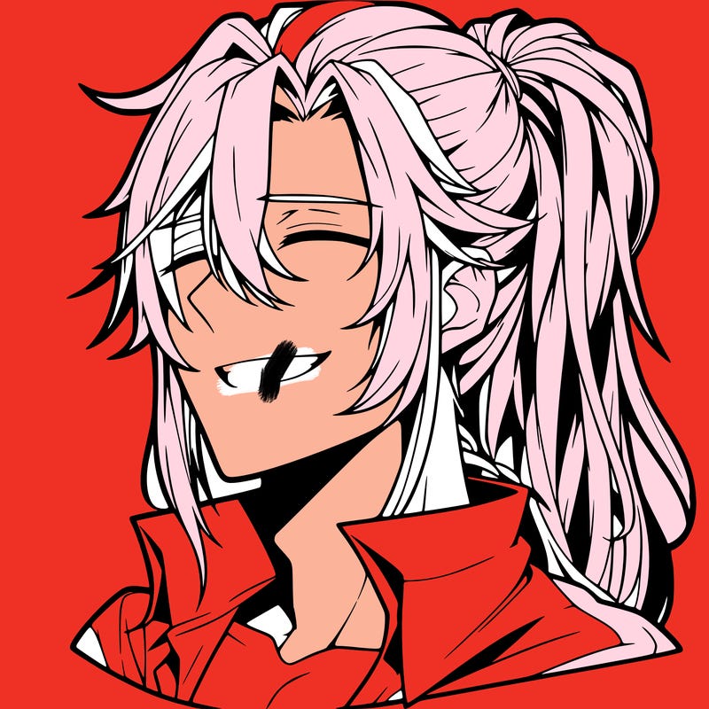 realistic hot anime boy with a grin and long hair in a pony tail