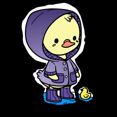 baby duck in a rain coat and boots, in a puddle while it’s raining