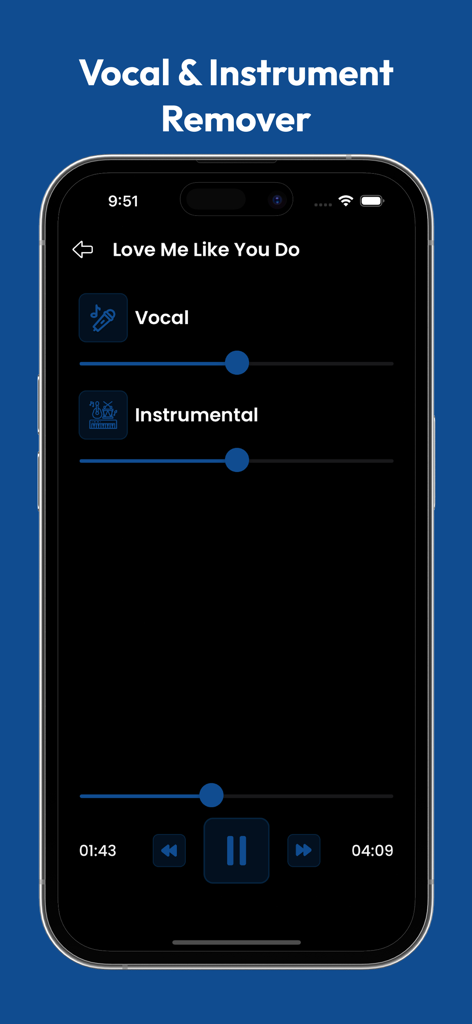 Vocal Remover & Karaoke Maker - Mobile app interface showing sliders to adjust vocal and instrumental volume levels for a song