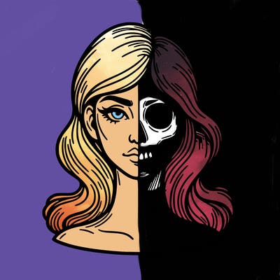 bust of a woman, half face and hair, half skull