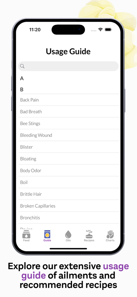 doTERRA Essential Oil Guide - Un écran de smartphone affichant une liste alphabétique d'affections et de problèmes de santé dans l'application Essentl, guide d'utilisation des huiles essentielles doTERRA.