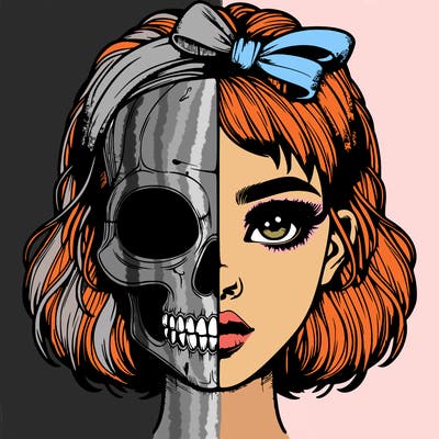 realistic girl with half skull mask