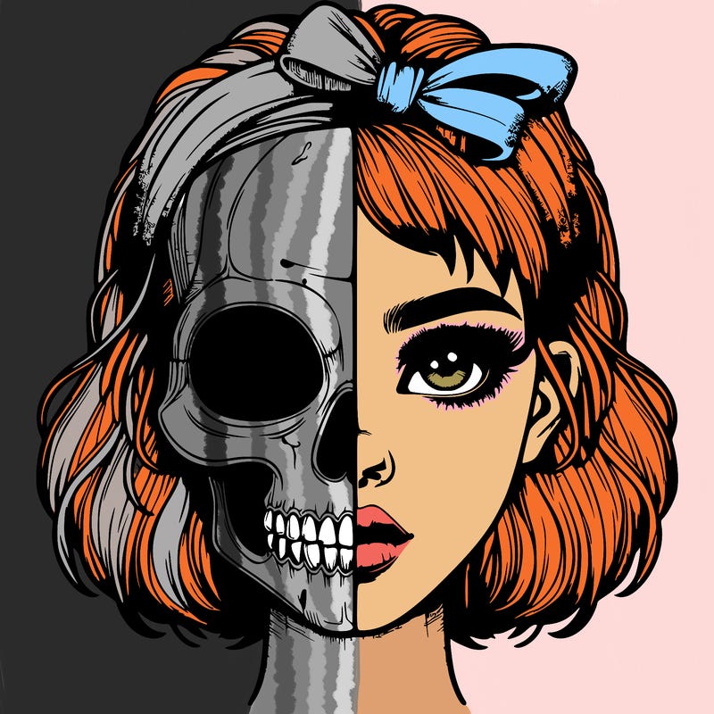 realistic girl with half skull mask