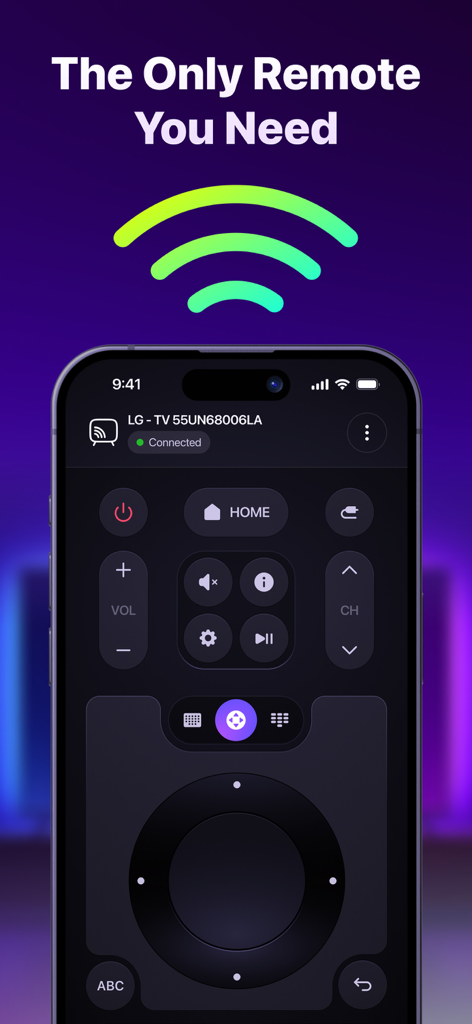 Total TV: Universal Remote - Interfaz de la aplicación Total TV en un iPhone mostrando un control remoto universal conectado a un Smart TV LG