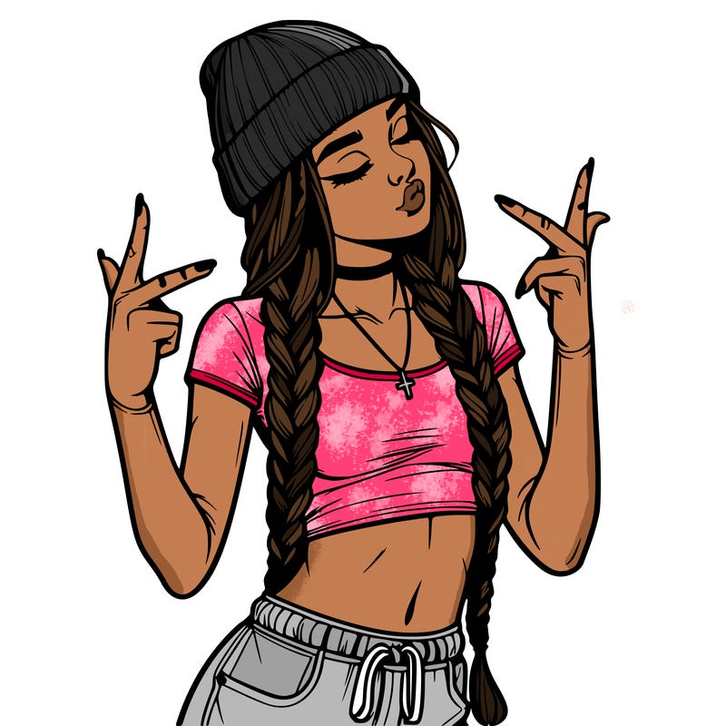 realistic teenage girl with braids and a beanie and crop top doing 🫶🏼