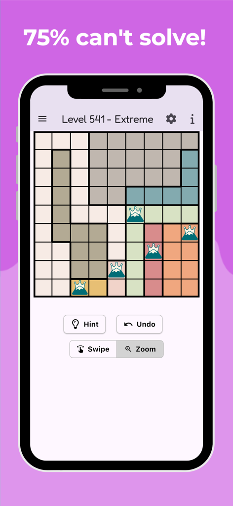 Crowns Logic Game screenshot showing an extreme level puzzle grid with crown icons
