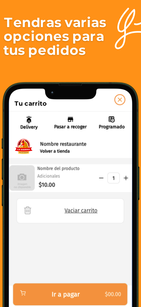 yumm - Yumm mobile app shopping cart screen displaying options for delivery, pickup, and scheduled orders in Spanish.
